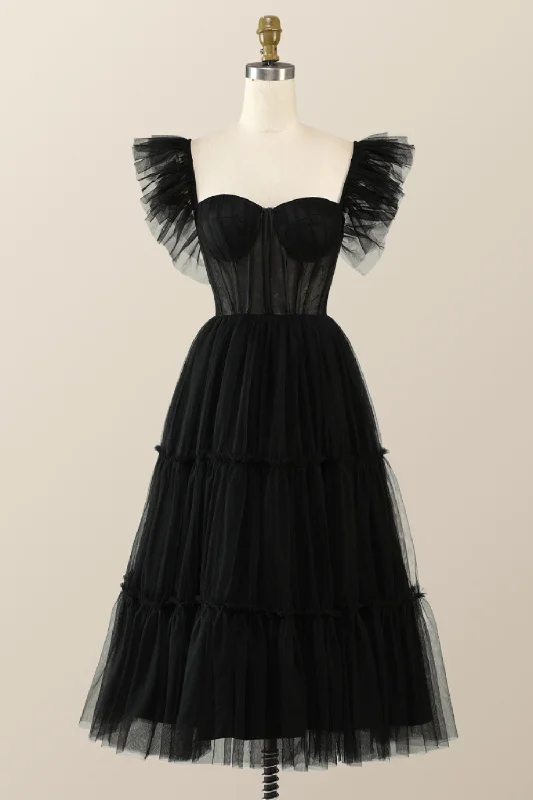 Sneak Peek Sale satin midi dressFlare Sleeves Black Corset Midi Dress