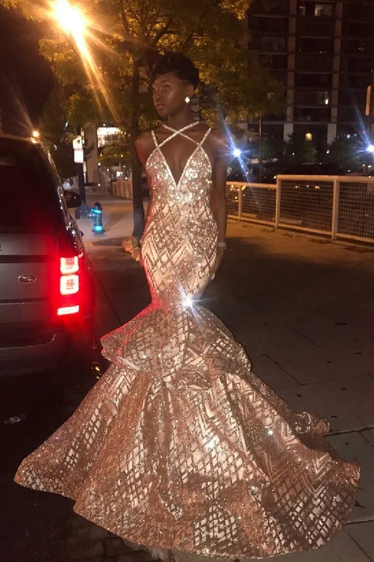 Lowest Price Sexy Gold Spaghetti Straps Mermaid Prom Dress Sequins Long