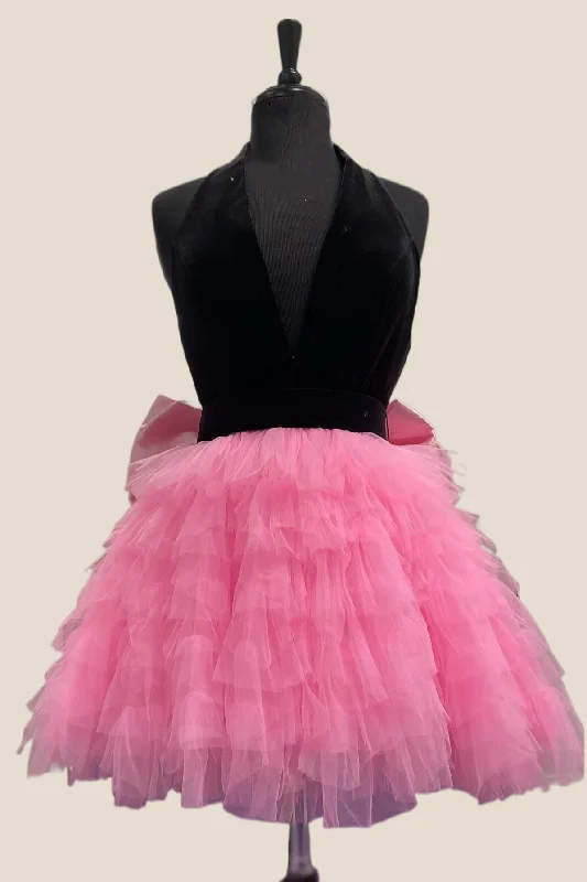 Amazing Deals sophisticated dressBlack and Pink Halter Ruffles Short Dress with Bow Amazing Deals sophisticated dressBlack and Pink Halter Ruffles Short Dress with Bow