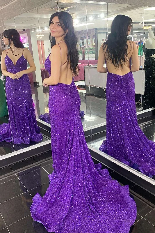 comfy dressPurple Sequin V-Neck Open Back Mermaid Long Prom Dress Y1670