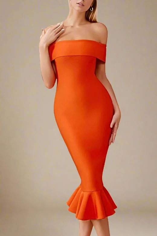 Warehouse Sale satin midi dressMandy Bodycon Midi Dress - Apricot Orange