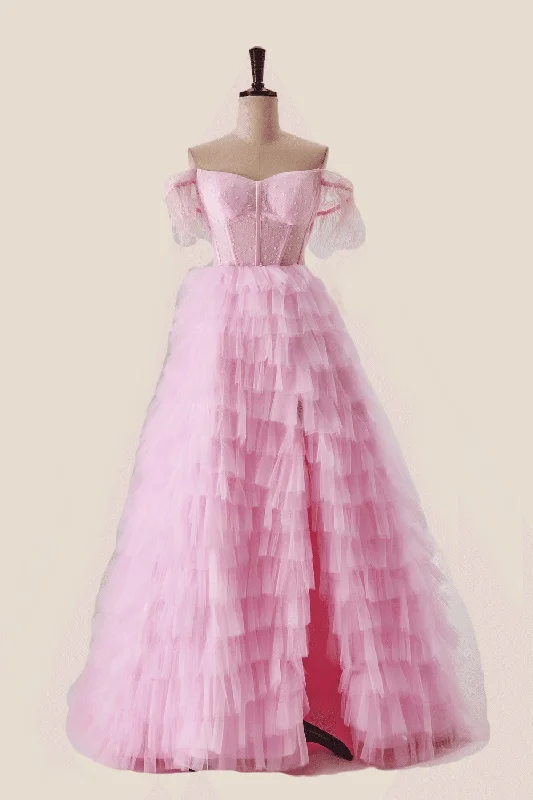 Blowout Deals casual evening dressOff the Shoulder Pink Corset Tiered Ruffle Formal Gown