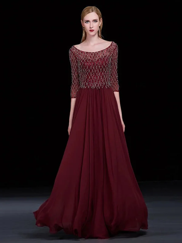 Stock Up and Save Chic Regency Prom Dresses Scoop A-line Floor-length Burgundy Prom Dress/Evening Dress JKL147