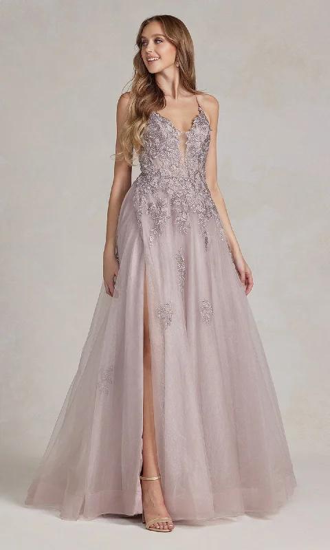Online Exclusive casual evening dressLong A-Line Lace Prom Dress with Wrap-Style Skirt