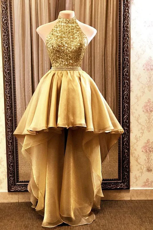 Clearance Event Gold High Low Sequin Organza  Halter Backless Formal Evening Party Gown Dress GJS609