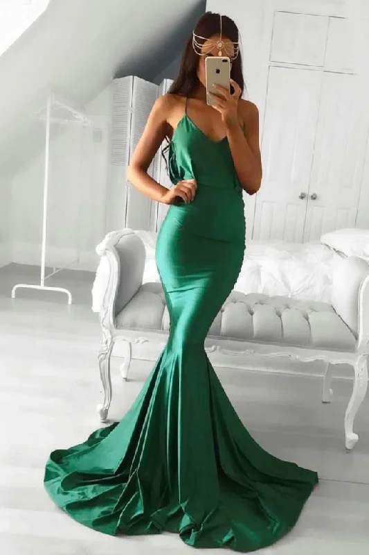 Deal Zone Mermaid Hunter Elastic Satin Sweetheart Backless Long Prom Dresses GJS633