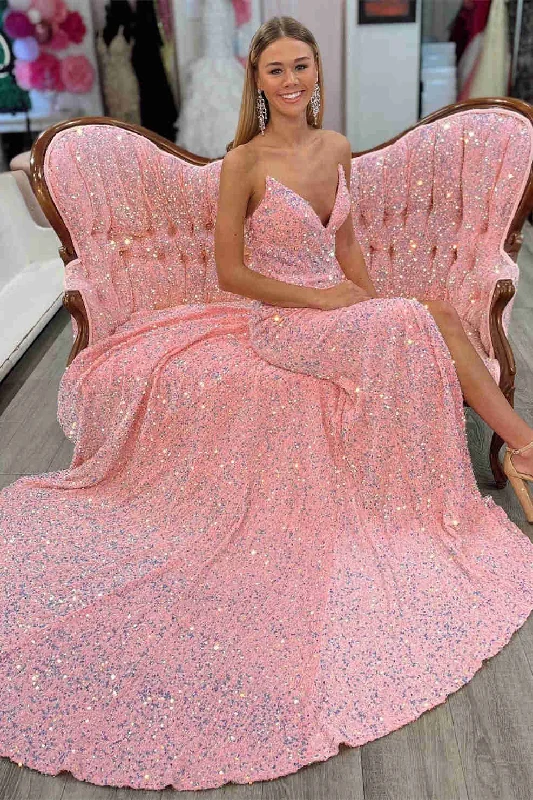 Lowest Price elegant dressLight Blue V-Neck Sequins Long Prom Dress with Slit Y831