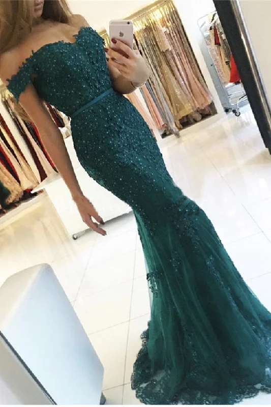 Savings Bonanza Elegant Tulle Off-the-shoulder Green Mermaid Evening Dress Sequins Lace Long