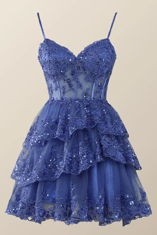 New Deals A-line dressStraps Navy Appliques Tiered Layered Short Princess Dress