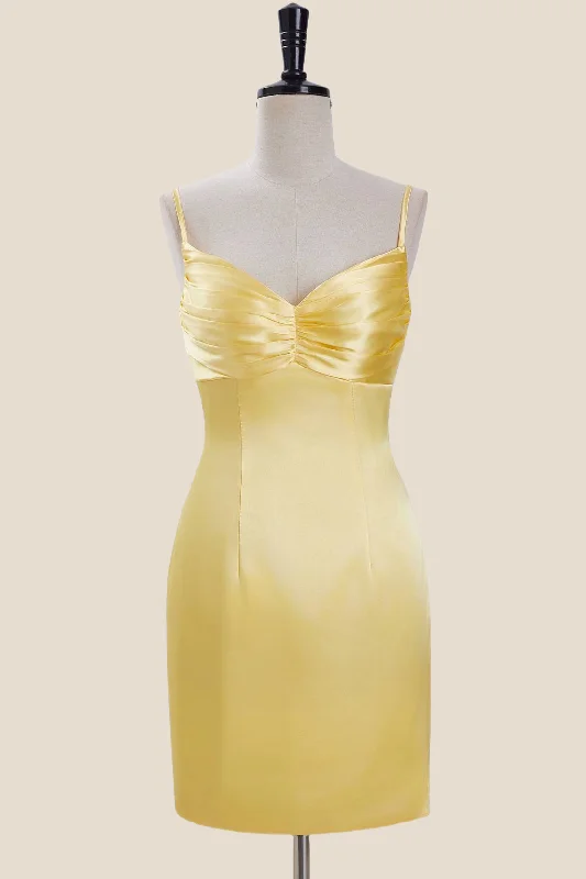 Last Chance casual shift dressStraps Yellow Ruched Satin Bodycon Short Dress
