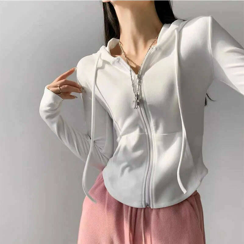 lightweight outerwearAutumn Solid Cardigan Hoodies Zipper Tops Women Korean Spring Slim Long Sleeve Hooded Short Coat Y2k Vintage Student Sweatshirt