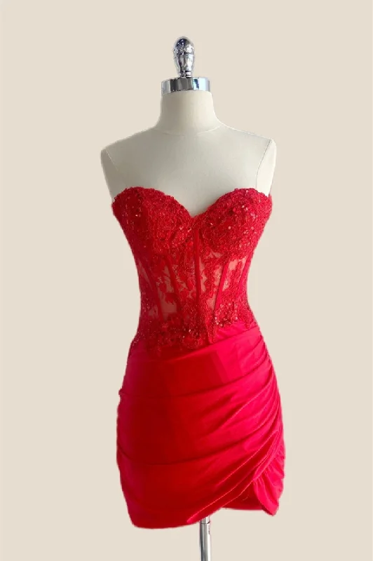 Don't Wait modern dressSweetheart Red Appliques Ruched Tight Short Dress