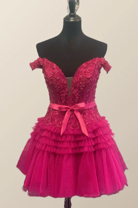 Big Discounts stylish party dressOff the Shoulder Fuchsia Appliques A-line Homecoming Dress