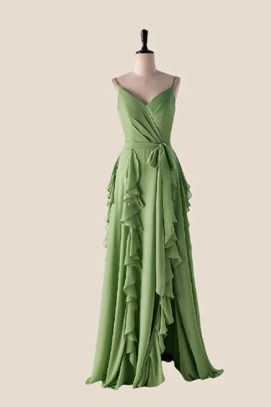 Special Price trendy bodycon dressMatcha Green Ruffles Faux Wrap Bridesmaid Dress