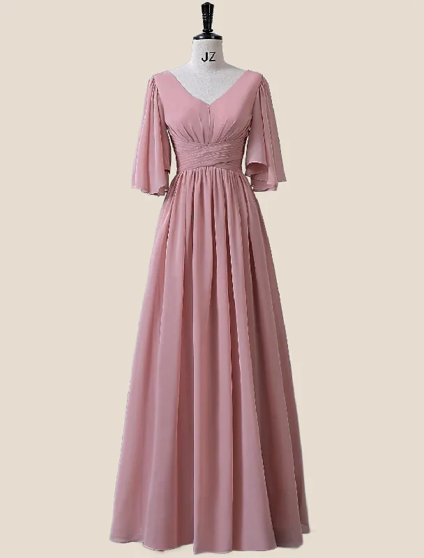 Limited Availability sleek midi dressFlare Sleeves Blush Pink Pleated Long Dress