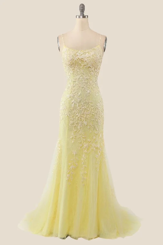 Clearance Sale party-ready dressYellow Mermaid Lace Appliques Long Formal Dress