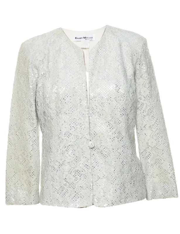 Clearance Items chic wool coatLurex Thread Pattern White Lace Evening Jacket - M