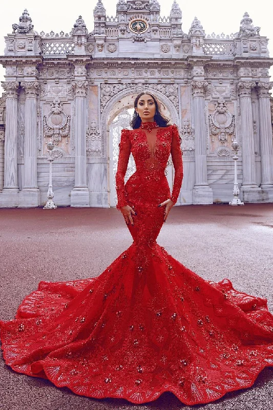 Special Promotion Chic Long Sleeve Red Mermaid Prom Dress With Lace Appliques