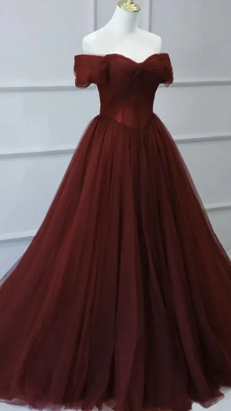 luxury dressChic Off Shoulder Burgundy Tulle Prom Dress Y1553