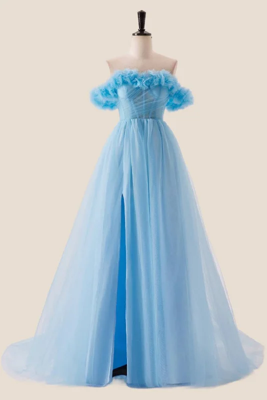 Sale Event pleated dressOff the Shoulder Blue A-line Long Princess Dress