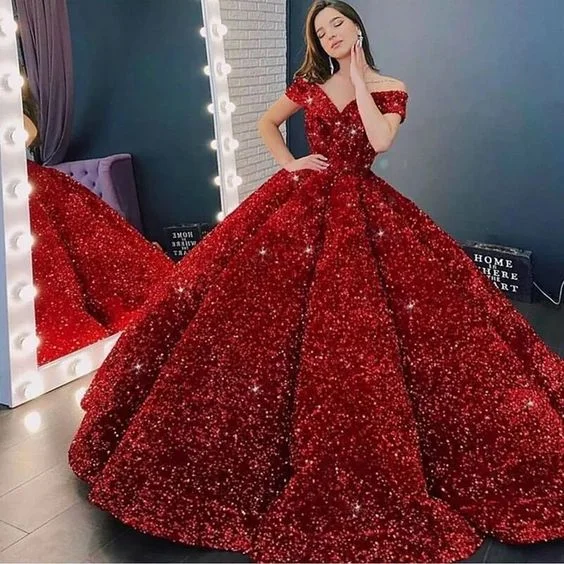 Crazy Deals silk dressLuxury Sparkling Red Ball Gowns Quinceanera Dresses Off The Shoulder Sequin Pageant Gown Long Princess Sweet 16 Dress Y1210