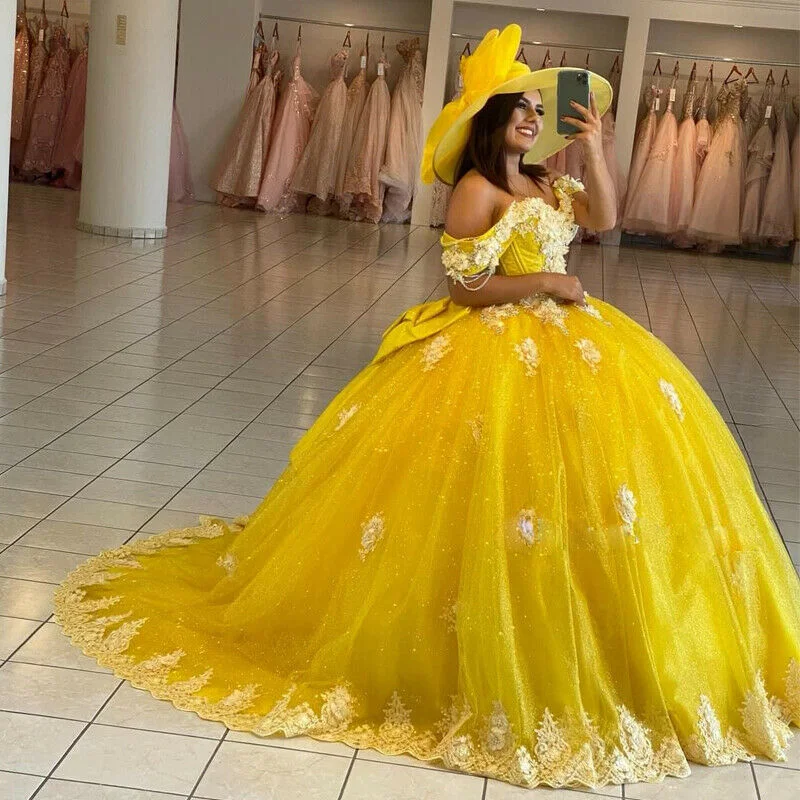 Final Clearance satin dressYellow Ball Gown Quinceanera Dresses Off Shoulder Lace up Back Sweep Train Appliques Beads Y656