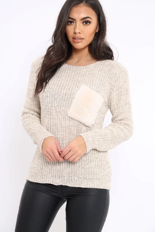 minimalist pullover sweatshirtBeige Chunky Knit Fur Pocket Jumper - Alois