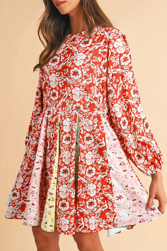 Special Price Red Colorful Floral Patchwork Long Sleeve Pleated Mini Dress