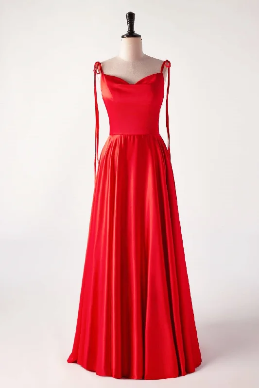 Exclusive Access denim dressCowl Neck Red Satin Long Maxi Dress