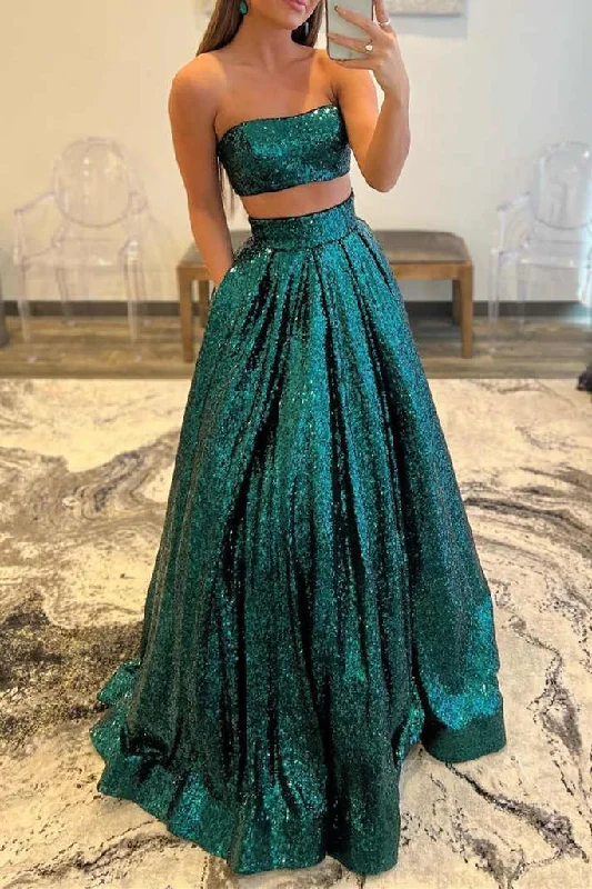 Can't Miss Emerald Green Sequins Two Piece Long Prom Dress GJS621
