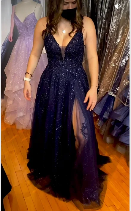 Special Promotion sophisticated dressSparkly A-line V Neck Navy Blue Prom Dress,Charming Graduation Dress Y1164