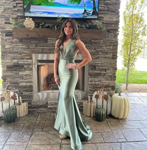 casual evening dressCharming Mermaid V Neck Sage Green Silk Satin Long Bridesmaid Dresses,Elegant Sage Green Prom Dress Y1896