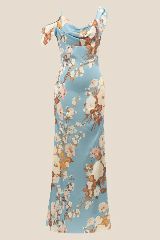 Year-End Clearance bodycon dressCowl Neck Blue Floral Print Mermaid Long Dress