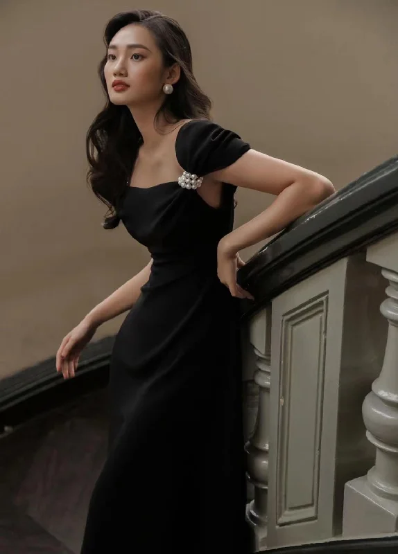 Steals and Deals boho-chic dressBlack, pearl button-down, elegant half-sleeve prom dress, vintage dress Y1360