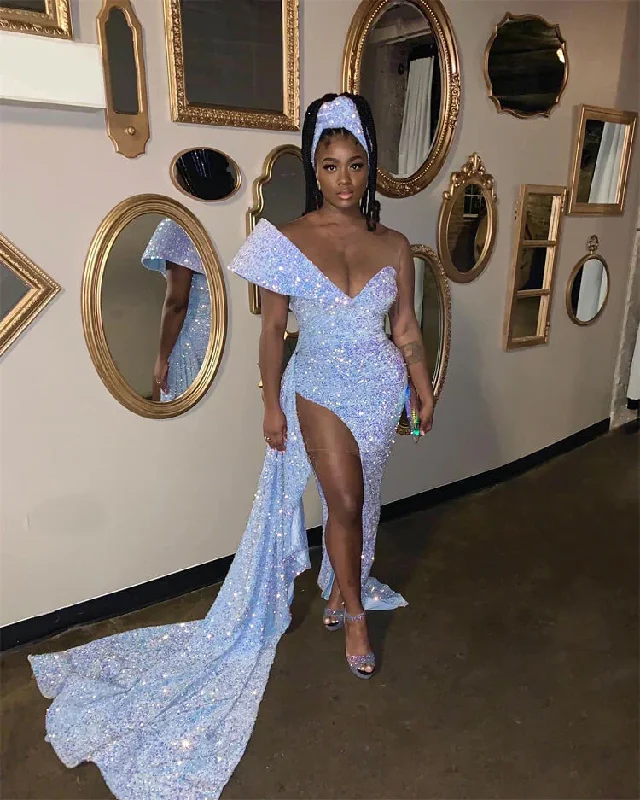 Stock Clearance A-line dressSky Blue Sequin Prom Dresses For Black Girls,Mermaid Birthday Dress Sexy One Shoulder Party Gown with Slit Y1230