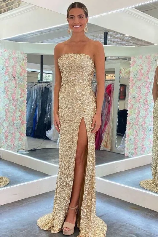 Bargain Bin oversized dressGold Sequin Strapless Backless Mermaid Prom Dress Y48