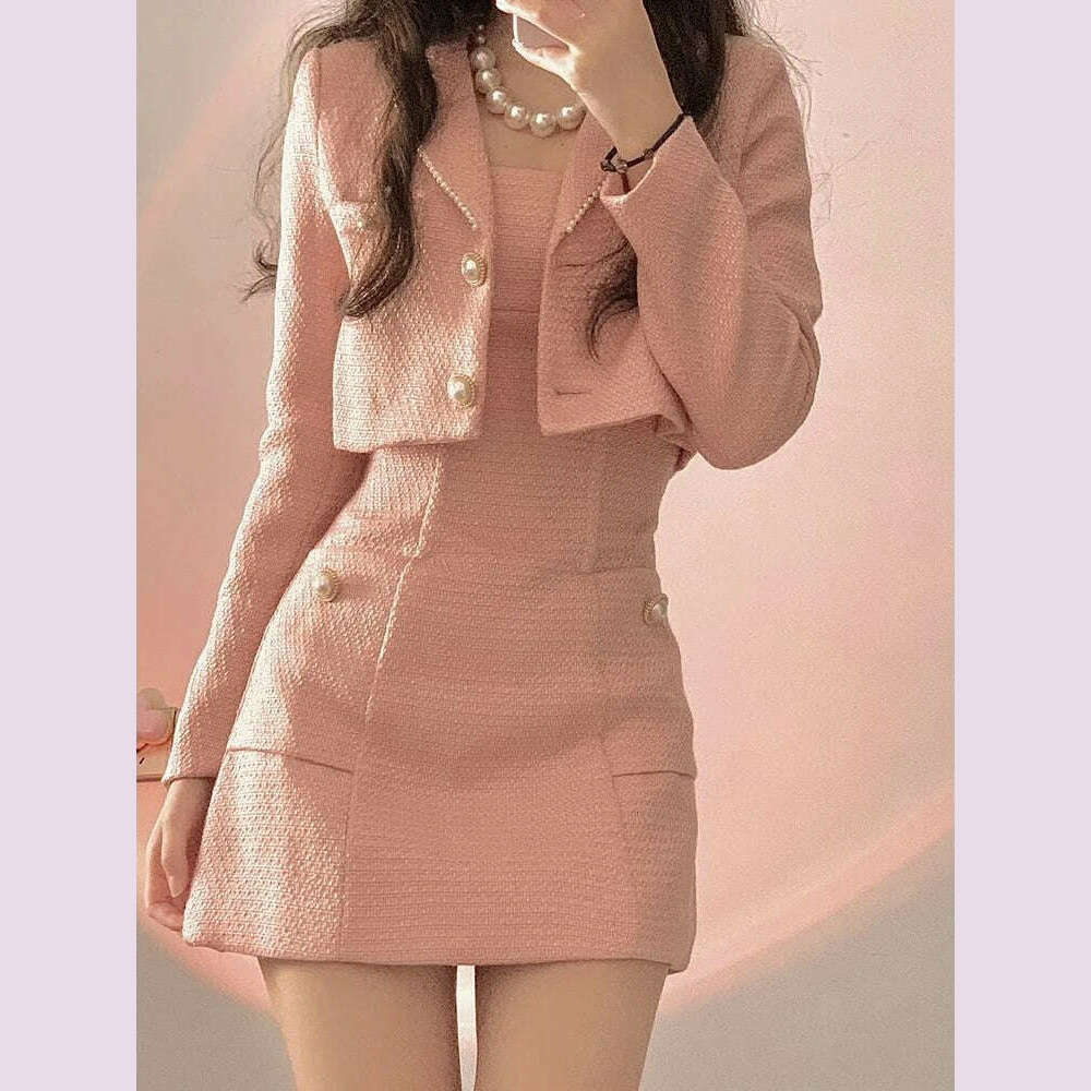 windbreaker jacketAutumn Pink Elegant Two Piece Set Women Korean Style Balzer Coat+Strap Mini Dress Set Female Solid Casual Slim Designer Set 2022