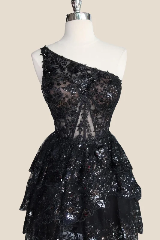 Discount Extravaganza chic slip dressOne Shoulder Black Appliques Ruffles Short Party Dress