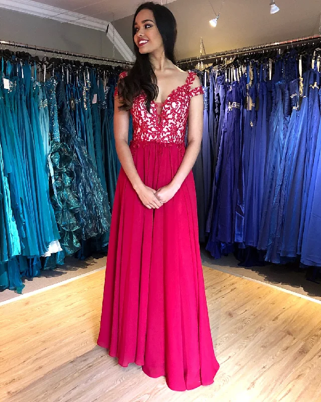 Best Bargains Cap Sleeve Lace Appliques A-Line Floor Length Chiffon Prom Evening Dress JKR316