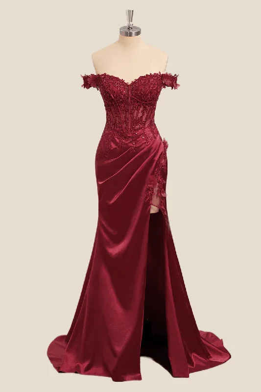 Last Chance velvet dressLace Off the Shoulder Wine Red Satin Mermaid Dress