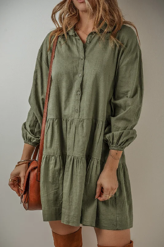 Bonus Savings Jungle Green Puff Sleeve Buttoned Tiered Pleated Shirt Mini Dress