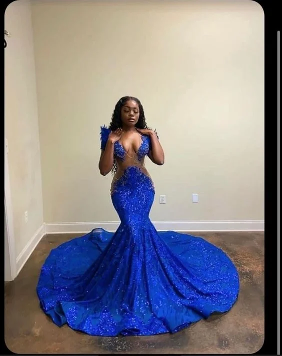 vintage-inspired dress2023 Royal Blue Deep V Neck Long Prom Dresses Y1431