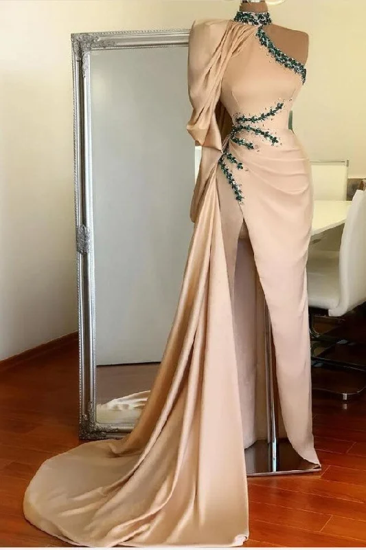 Steals and Deals Slit Beading Satin Long Prom Dress One Shoulder With Long Sleeve On One Side