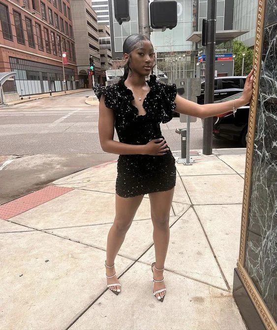 Inventory Reduction flowy dress18th Birthday Outfit Dress For Black Girls,Black Sequins Short Homecoming Dress Y1383
