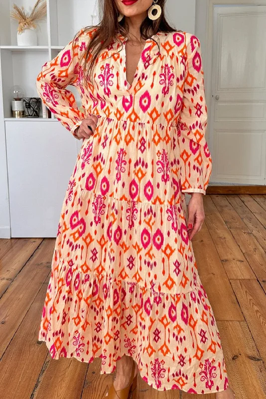 Mega Sale Orange Western Abstract Geometric Printed Maxi Dress