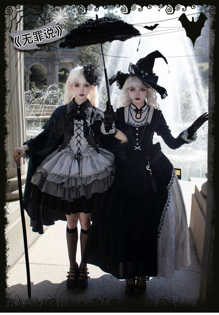 long-sleeve floral dressWith Puji~Innocent Talk~Halloween Chinese Style Lolita OP Black-silver Gray Dress