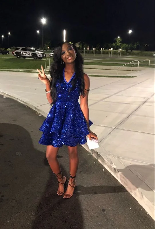 minimalistic dressRoyal Blue Sequins A-line Graduation Dress,Royal Blue Short Homecoming Dress,Royal Blue Party Dress  Y1850