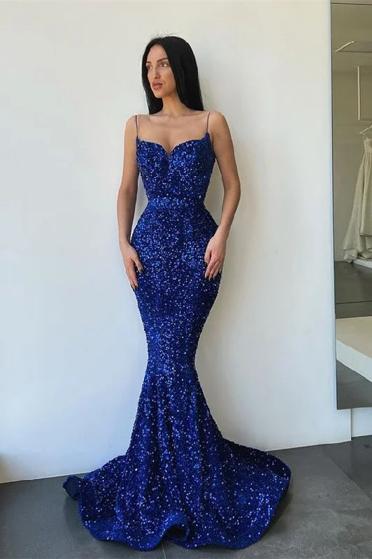 Deal Dash pleated dressSparkly Sleeveless Royal Blue Sequined Mermaid Prom Dresses Y1338