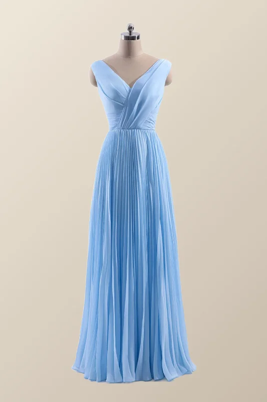 Discount Mania floral midi dressV Neck Blue Chiffon A-line Long Bridesmaid Dress