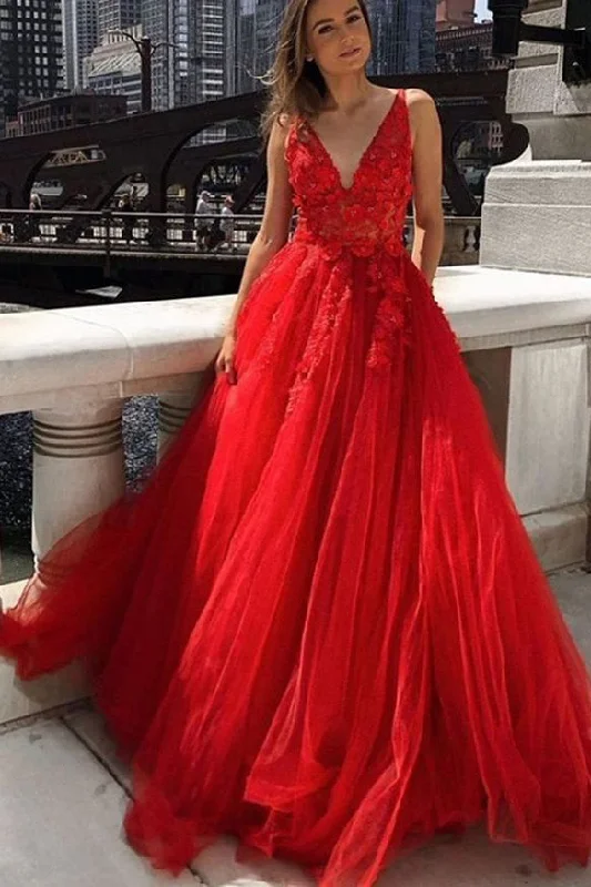 Today Only Red A Line Tulle With Appliques V Neck Long Prom Dresses GJS641